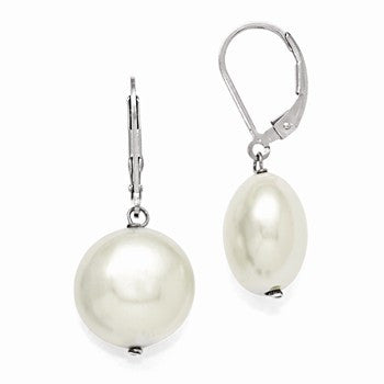 Sterling Silver 14-15mm Coin White Shell Pearl Leverback Earrings