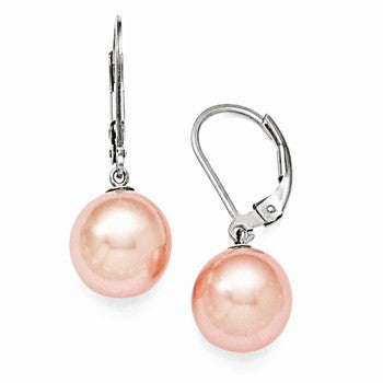 Sterling Silver 10-11mm Round Pink Shell Pearl Leverback Earrings