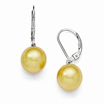 Sterling Silver 10-11mm Round Yellow Shell Pearl Leverback Earring, Jewelry Earrings