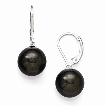 Sterling Silver 12-13mm Round Black Shell Pearl Leverback Earrings