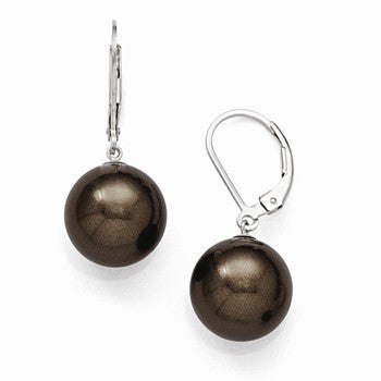 Sterling Silver 12-13mm Round Brown Shell Pearl Leverback Earrings