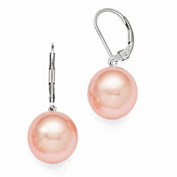 Sterling Silver 12-13mm Round Pink Shell Pearl Leverback Earrings