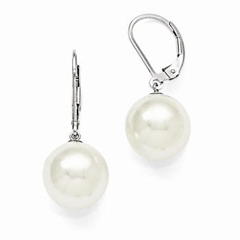 Sterling Silver 12-13mm Round White Shell Pearl Leverback Earrings