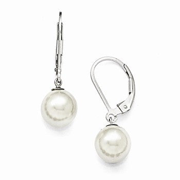 Sterling Silver 8-9mm Round White Shell Pearl Leverback Earrings