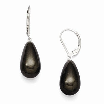 Sterling Silver 10x18mm Teardrop Black Shell Pearl Earrings