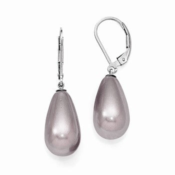 Sterling Silver 10x18mm Teardrop Purple Shell Pearl Earrings