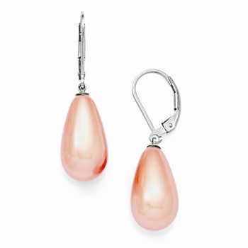 Sterling Silver 10x18mm Teardrop Pink Shell Pearl Earrings