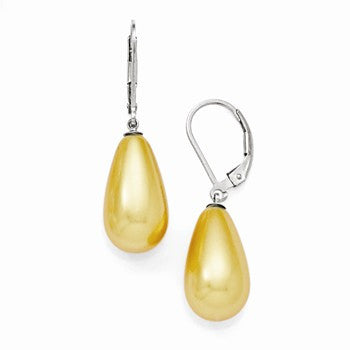 Sterling Silver 10x18mm Teardrop Yellow Shell Pearl Earrings