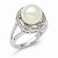 Sterling Silver Majestik 10-11mm White Shell Pearl & CZ Ring