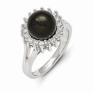 Sterling Silver Majestik 10-11mm Black Shell Pearl & CZ Ring