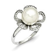 Sterling Silver Majestik 10-11mm White Shell Pearl & CZ Ring