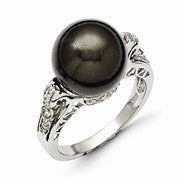 Sterling Silver Majestik 12-13mm Black Shell Pearl & CZ Ring