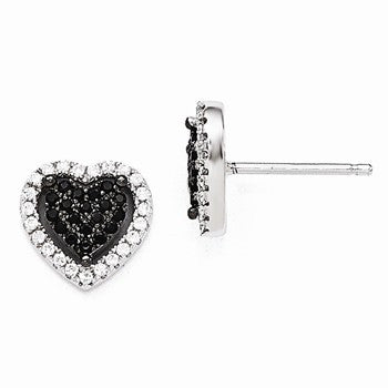 Sterling Silver Black White CZ Heart Post Earrings