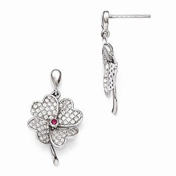 Sterling Silver CZ Red Corundum Rhodium Earrings