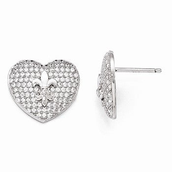 Sterling Silver CZ Heart Fleur De Lis Post Earrings