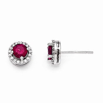 Sterling Silver CZ Red Corundum Polished Earrings