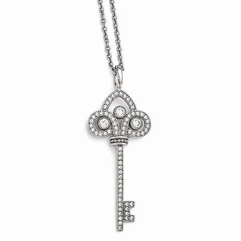 Sterling Silver & CZ Polished Key Pendant Necklace