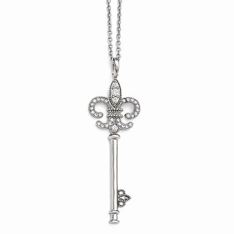 Sterling Silver & CZ Polished Key Pendant Necklace