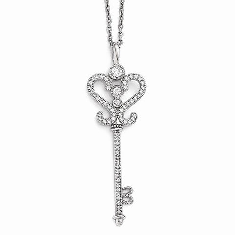 Sterling Silver & CZ Polished Key Pendant Necklace