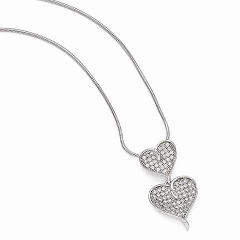 Sterling Silver & CZ Polished Double Heart Pendant Necklace