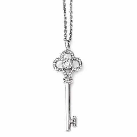 Sterling Silver & CZ Polished Key Pendant Necklace