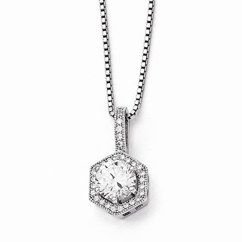 Sterling Silver & CZ Hexagon Pendant Necklace