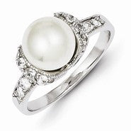 Sterling Silver Imitation Pearl and CZ Ring