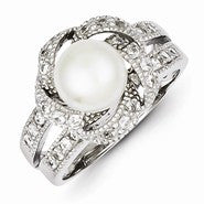 Sterling Silver Imitation Pearl and CZ Ring