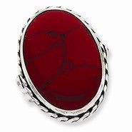 Sterling Silver Antiqued Oval Red Synthetic Turquoise Stone Ring