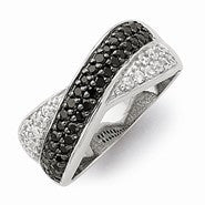 Sterling Silver w/Rhodium Black & White CZ Crossed Ring