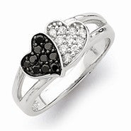 Sterling Silver w/Rhodium Clear & Black CZ Hearts Ring