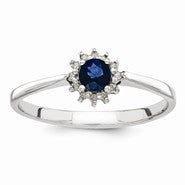 Sterling Silver w/Rhodium Round Sapphire & Diamond Ring