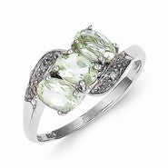 Sterling Silver w/Rhodium Green Quartz & Diamond Ring