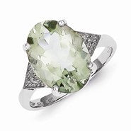 Sterling Silver w/Rhodium Oval Green Quartz & Diamond Ring