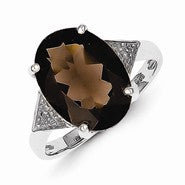 Sterling Silver w/Rhodium Pear Smokey Quartz & Diamond Ring