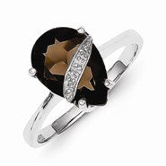 Sterling Silver w/Rhodium Pear Smokey Quartz & Diamond Ring