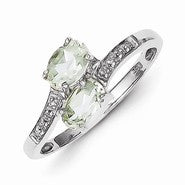 Sterling Silver w/Rhodium 2 Pear Green Quartz & Diamond Ring