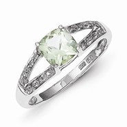 Sterling Silver w/Rhodium Cushion-cut Green Quartz & Diamond Ring