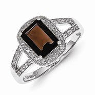 Sterling Silver w/Rhodium Emerald-cut Smokey Quartz & Diamond Ring