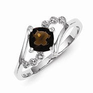 Sterling Silver w/Rhodium Princess-cut Smokey Quartz & Diamond Ring