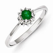 Sterling Silver w/Rhodium Round Emerald & Diamond Ring