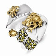 Sterling Silver Gold-Plated Toad & Bugs on Satin CZ Leaf & Green CZ Lily Pa, Size 7, Ring