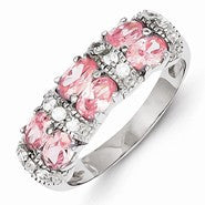 Sterling Silver Small Double Pink Oval CZ and Alternating CZ Bars Ring