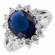 Sterling Silver Small Dark Blue Glass and CZ Oval Ring