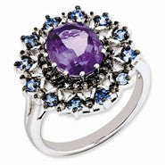 Sterling Silver Amethyst, Tanzanite & Diamond Ring