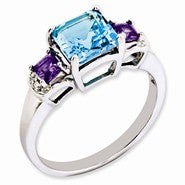 Sterling Silver London Blue Topaz, Amethyst & Diamond Ring