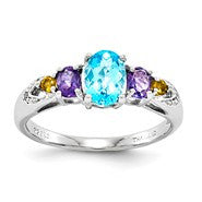 Sterling Silver Light Swiss Blue Topaz, Amethyst, Citrine & Diamond Ring