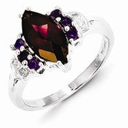 Sterling Silver Rhodolite Garnet, Amethyst & Diamond Ring