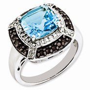 Sterling Silver Blue Topaz and Smokey Quartz & Diamond Ring