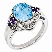 Sterling Silver Blue Topaz, Amethyst & Diamond Ring